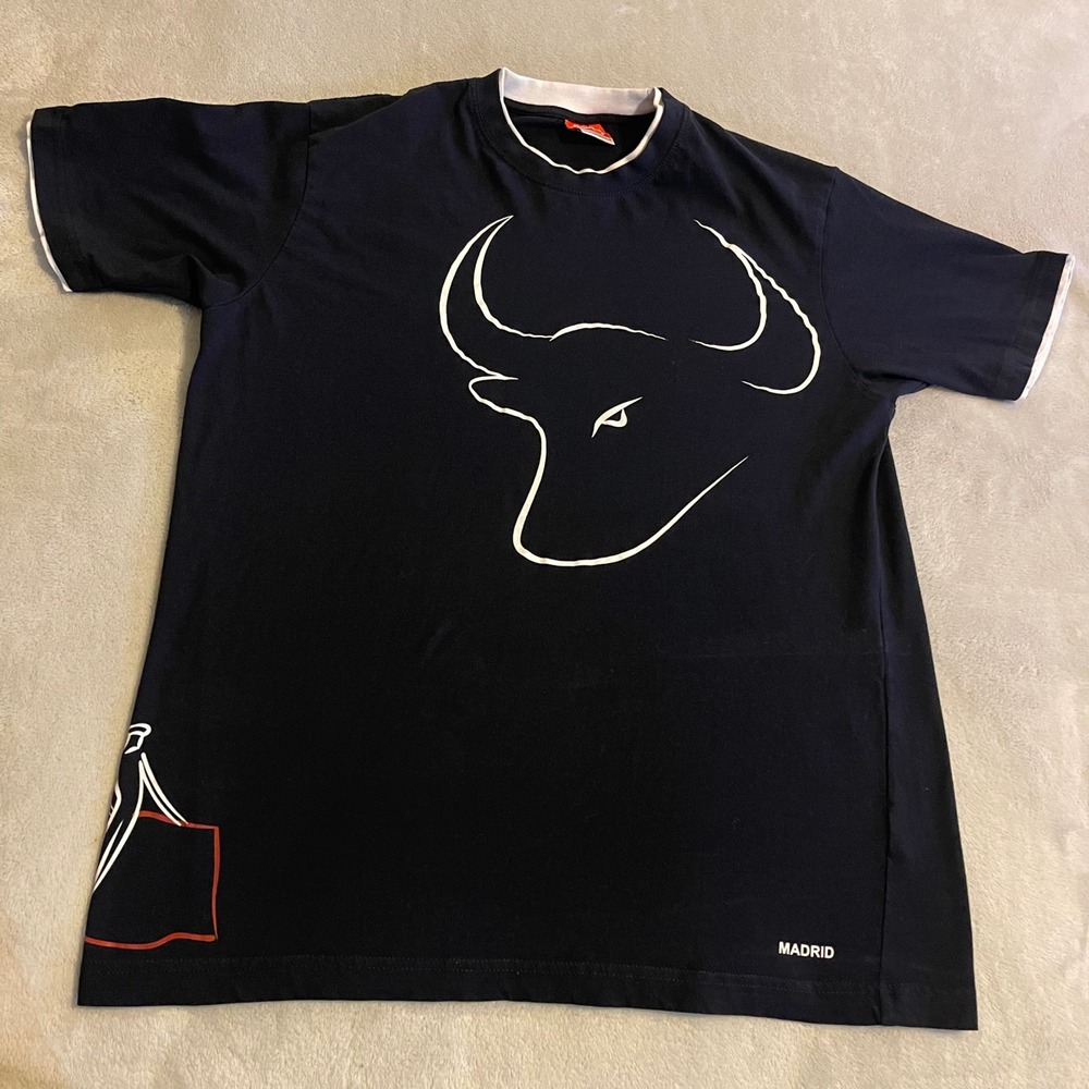 Burladero Madrid Bull Spain Graphic T‎ Shirt Mens 2XL White Trim Black Logo Tee
